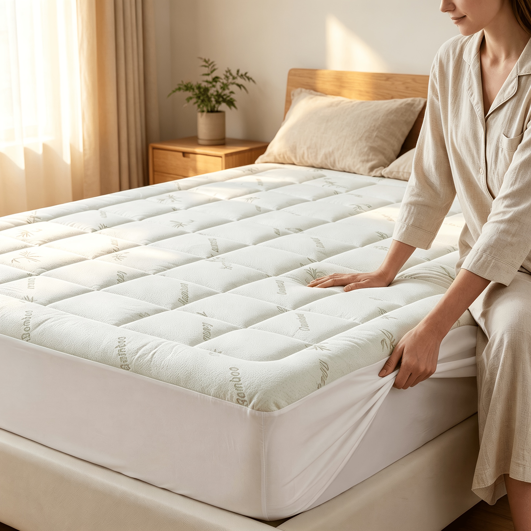 Image of Bamboo Fiber Mattress Topper, Breathable Moisture-wicking Mattress Protector, Machine Washable Cover, For Single & Double Bed, Bedroom Hotel Rv
