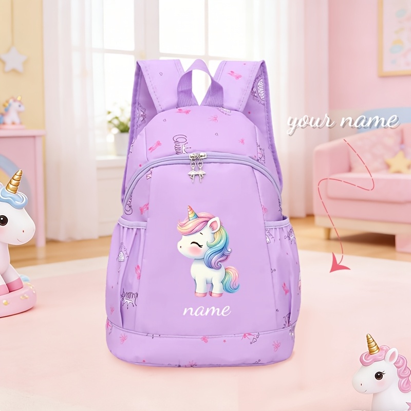 TEMU Custom New Cute Unicorn Print Backpack, With Personalized Self- Name, Letters, , Etc. In Pink And Purple, Made Of Nylon Fabric With Zipper