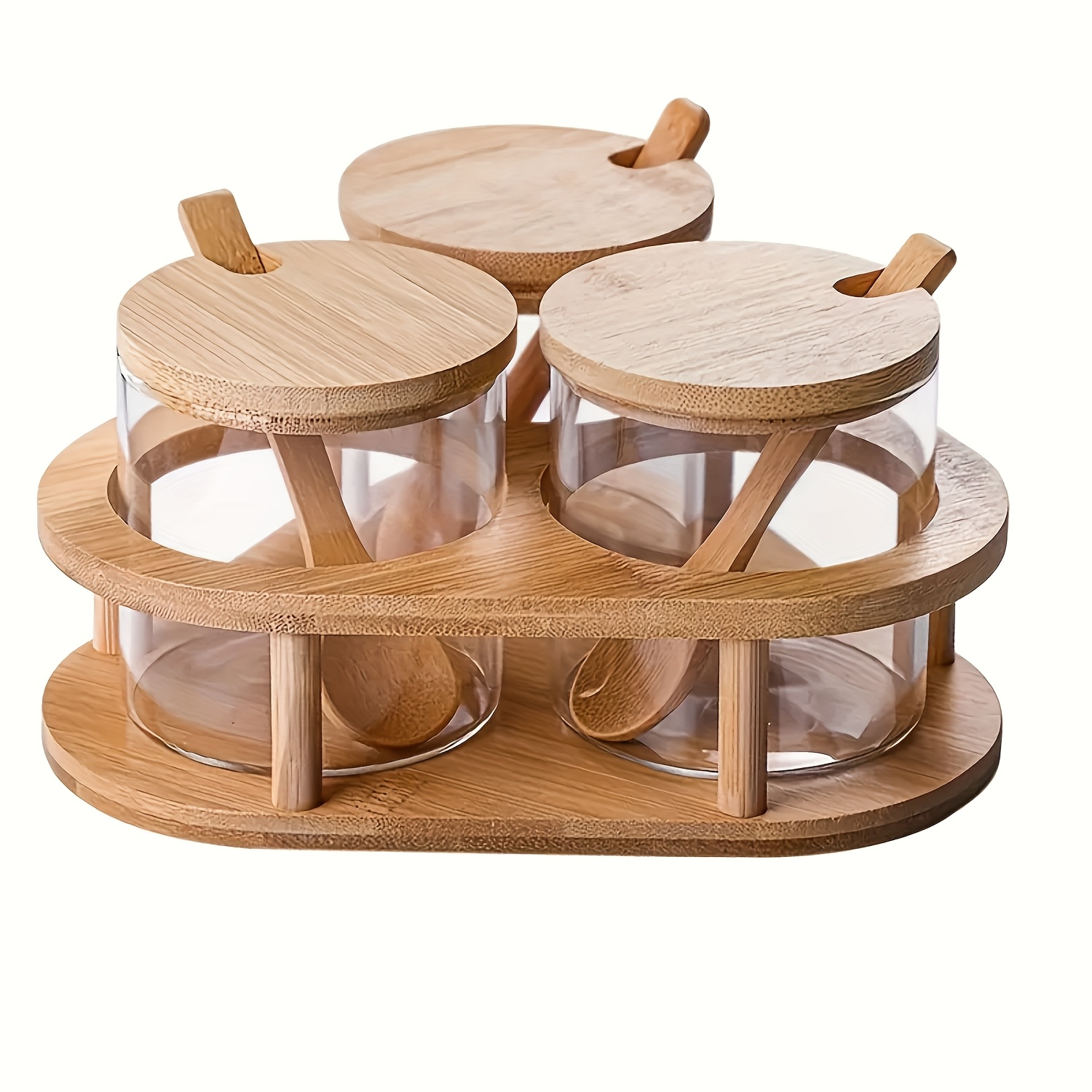 TEMU 1 Set Of 3pcs Multifunctional Sealed Glass Storage Seasoning Jar Set With Lid & Spoon, With Triangular Wooden Support, For Kitchen Organizer For