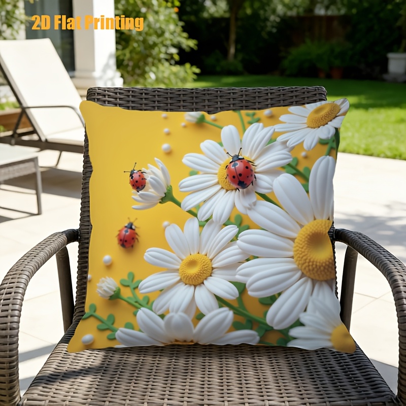 2D Flat,Terrace Cushion Cover,1pc 18X18 Inches Quare Pillow Cover, Ladybugs Rest on Daisies.,Decoration, Gifts,Valentine Festival Gifts,Outdoor Indoor,Garden Decoration, 2D Flat