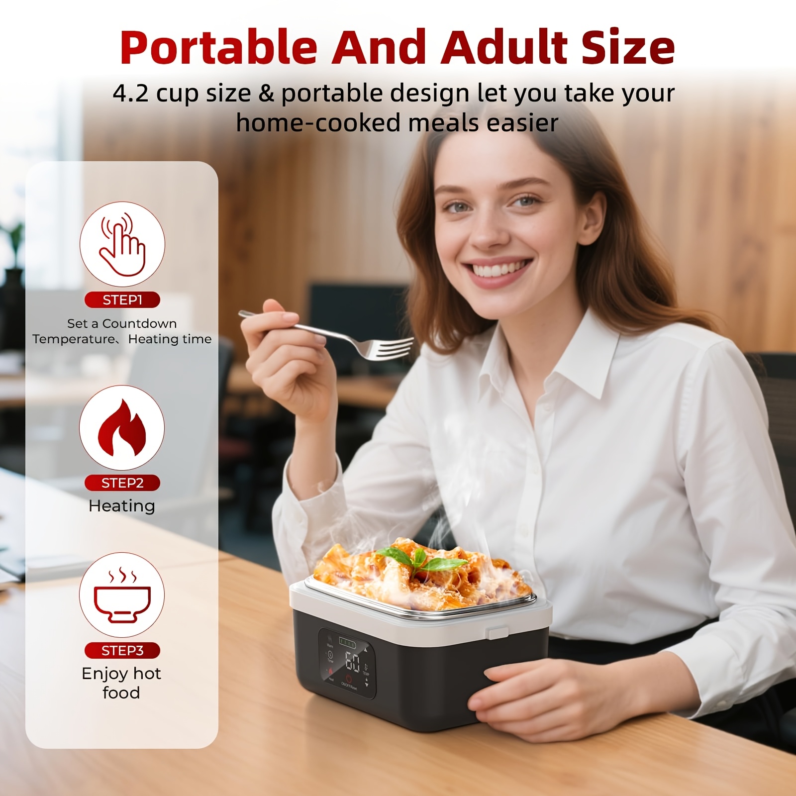 Wireless Lunch Box, Rechargeable Self-Heating Lunch Box, 1 Liter Portable Heated Lunch Box Food Heater with Timer