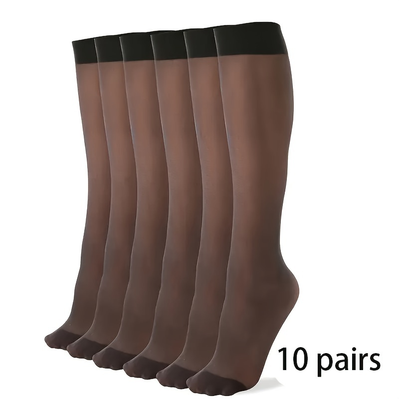 

10 Pairs Women's Nylon Knee-high Stockings - Breathable, Sheer Nude With Black Band, & Stylish For Casual Attire, Clothing | Sheer Stockings | Nylon Spandex