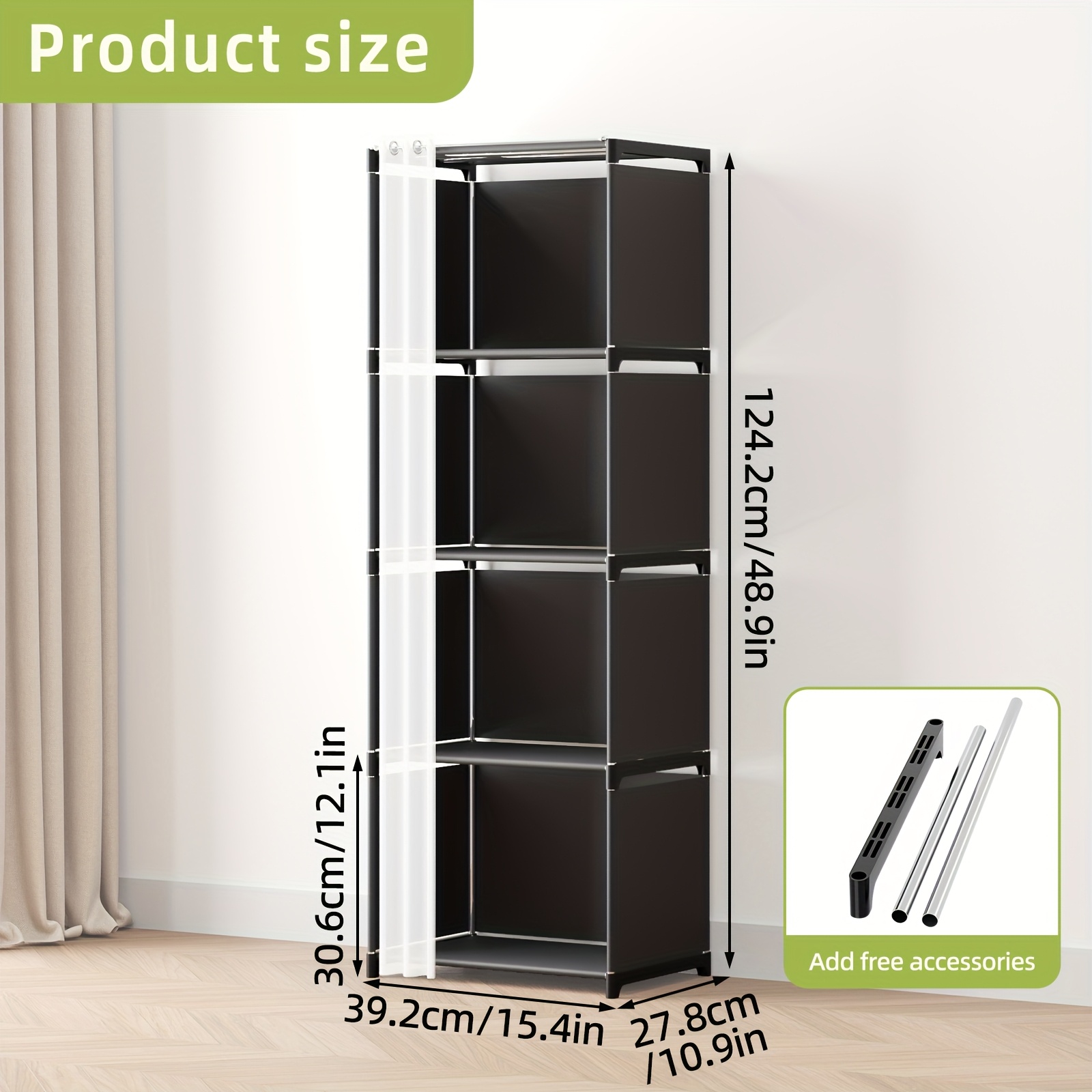 TEMU Tomnk Simple Wardrobe With Four-tier, 15.4*10.9*48.9 Inches, Closet Orqanizers And Storange, Easy-to-assemble Bookshelf, Large Capacity Wardrobe
