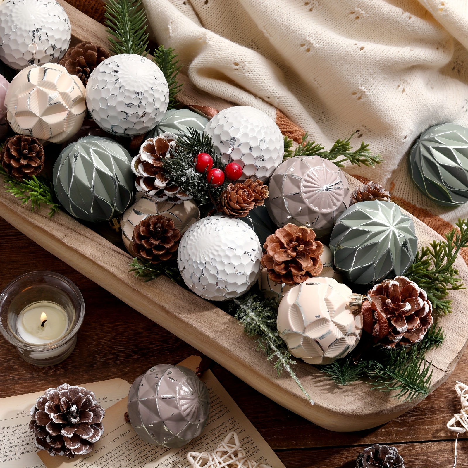 TEMU 24pcs Neutral Textured Christmas Ball Ornaments 2.36 Inch Vintage Christmas Tree Decorations Rustic Distressed Christmas Ornaments Farmhouse