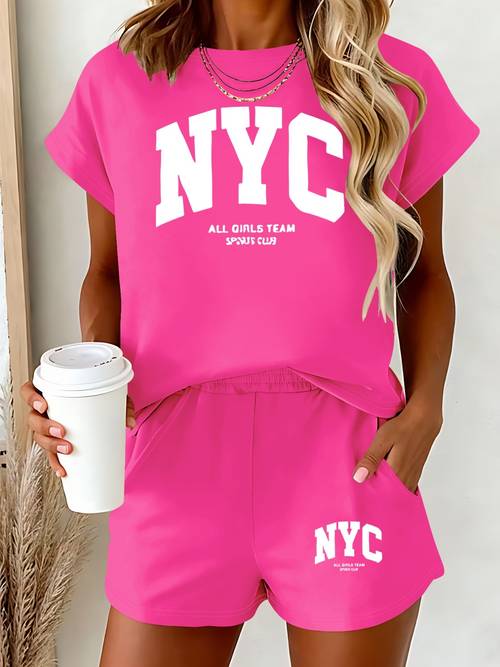 round neck t shirt and shorts set with nyc letter print and stylish design fashionable casual short sleeve pullover breathable short sleeve t shirt and shorts set