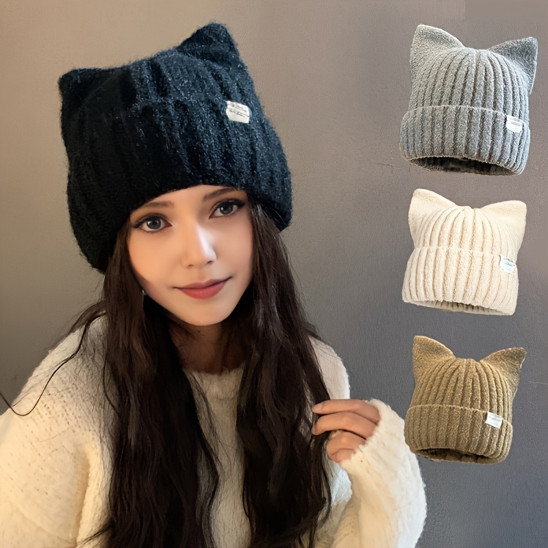 

Cat Ears Hat Women's Knitted Hat Autumn And Winter Cute Cat Ears Warm Cap Fleece Hat Outdoor Head Cover, Suitable For And Play, Give As Valentine's Day Gifts