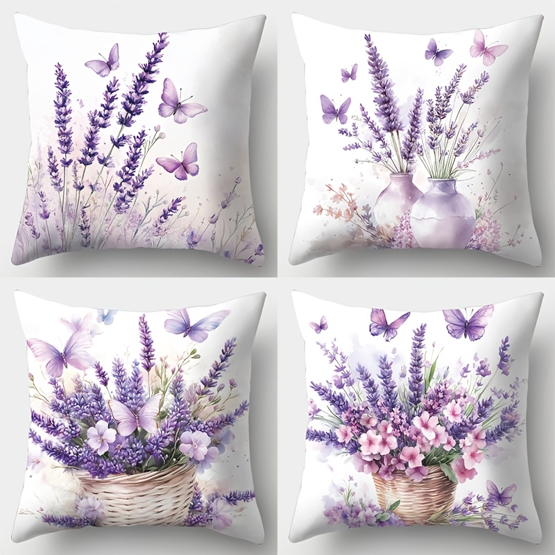 

4-pack Contemporary Purple & Pink Lavender Print Pillowcases, 17.72x17.72 Inches, Comfortable Polyester 100%, Machine Washable With Zipper Closure, Decorative Cushion Covers For Bedroom - No Insert