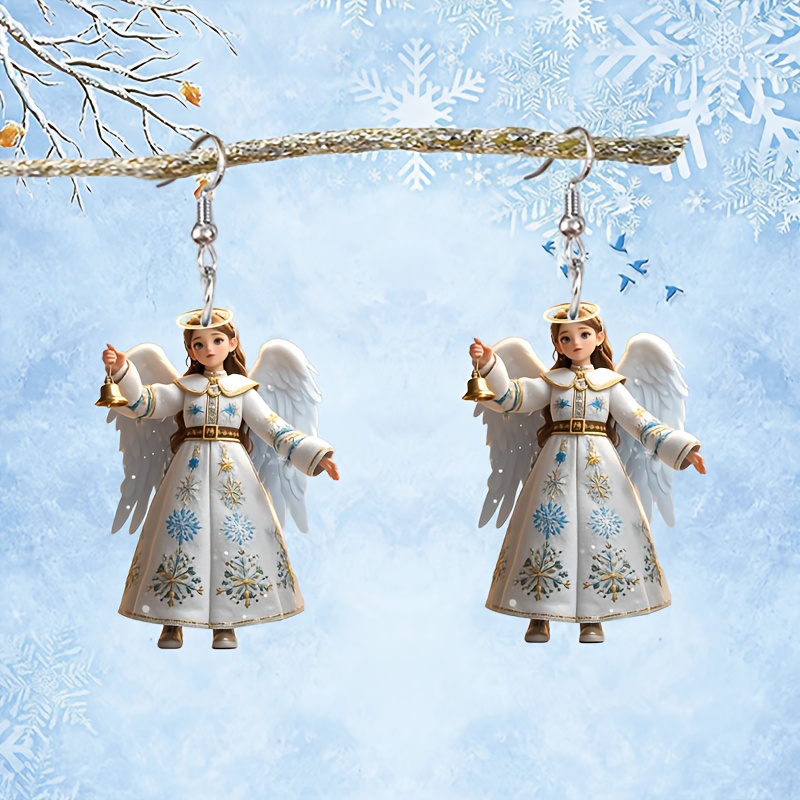 

Pair Of Elegant Dangle Earrings - Acrylic Christmas-themed With Glowing Halo Wings, Blue & Golden Design, Gift For Her, Party Or , Christmas Earrings