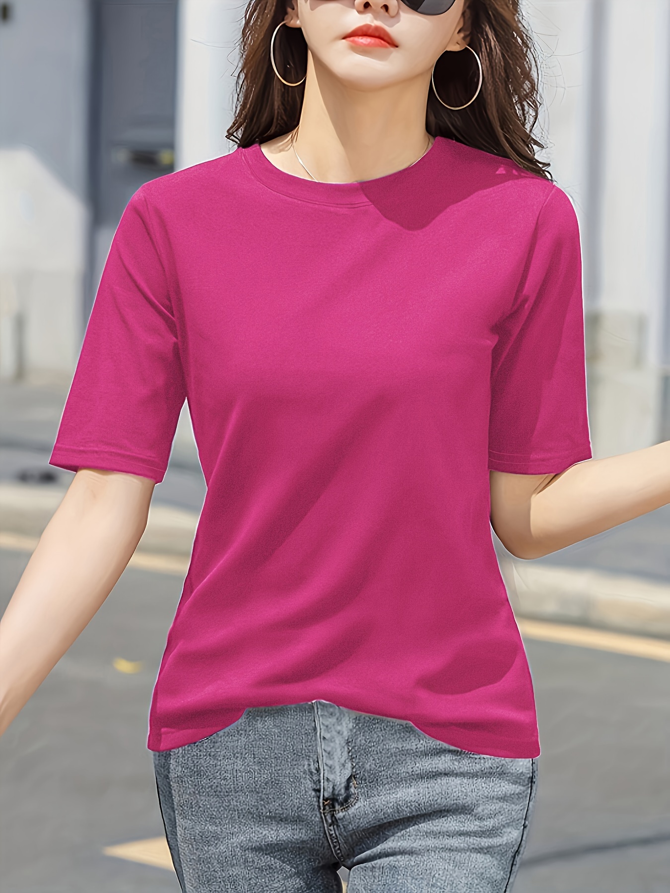 Women'S Elegant Solid Color Crew Neck T-Shirt, Short Sleeve Casual Summer Top, Lightweight Polyester Fabric, Regular Length, No Stretch, for Casual Attire