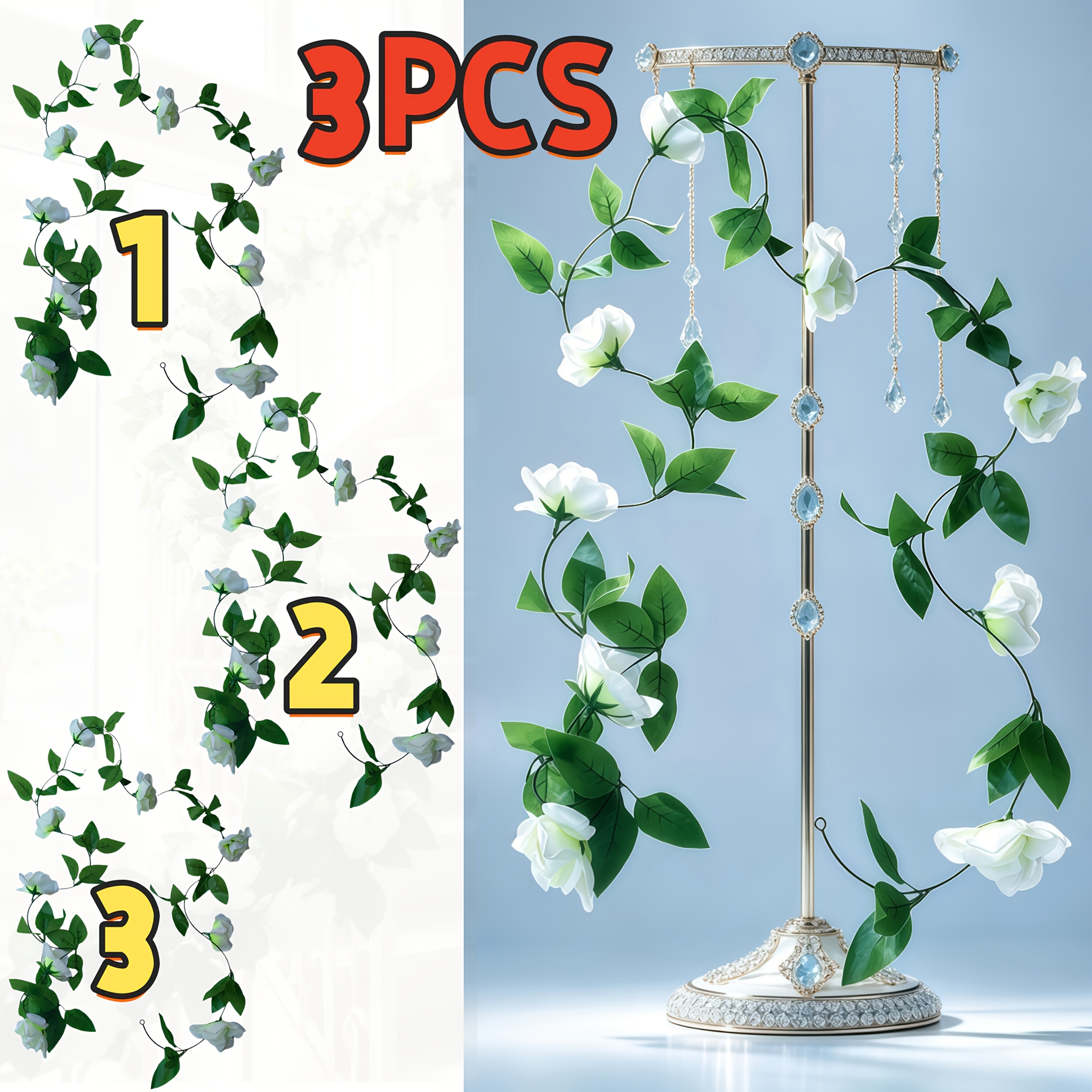 TEMU 3pcs Set Of 283.46-inch Extra-long Artificial Rose Garlands, Featuring 27 Large White Fabric Flowers With Green Leaves, Realistic Floral Ivy