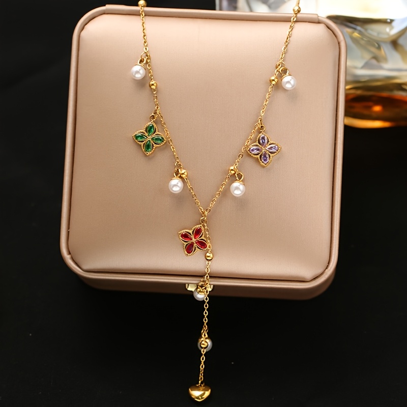 TEMU 1pc A Colorful Synthetic Zirconia Long Pendant Necklace Made Of Stainless Steel, Designed For Women. A New Handmade Jewelry Gift