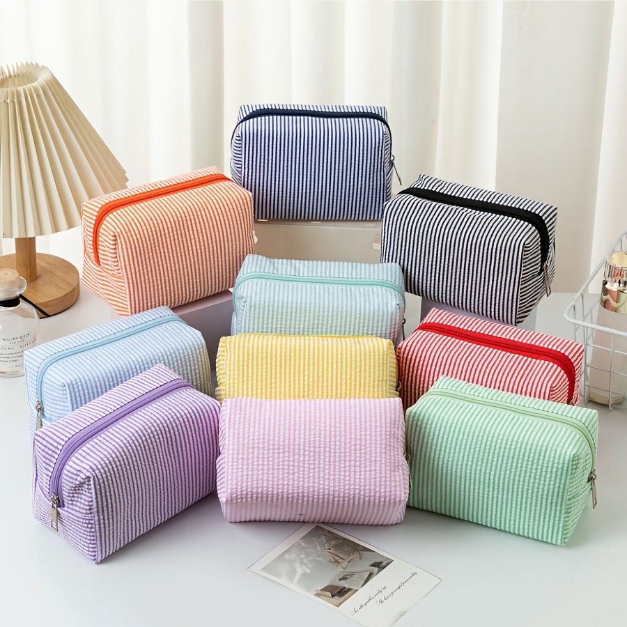 bubble yarn makeup bag large capacity handheld toiletry bag striped travel cosmetics storage bag stationery pen case