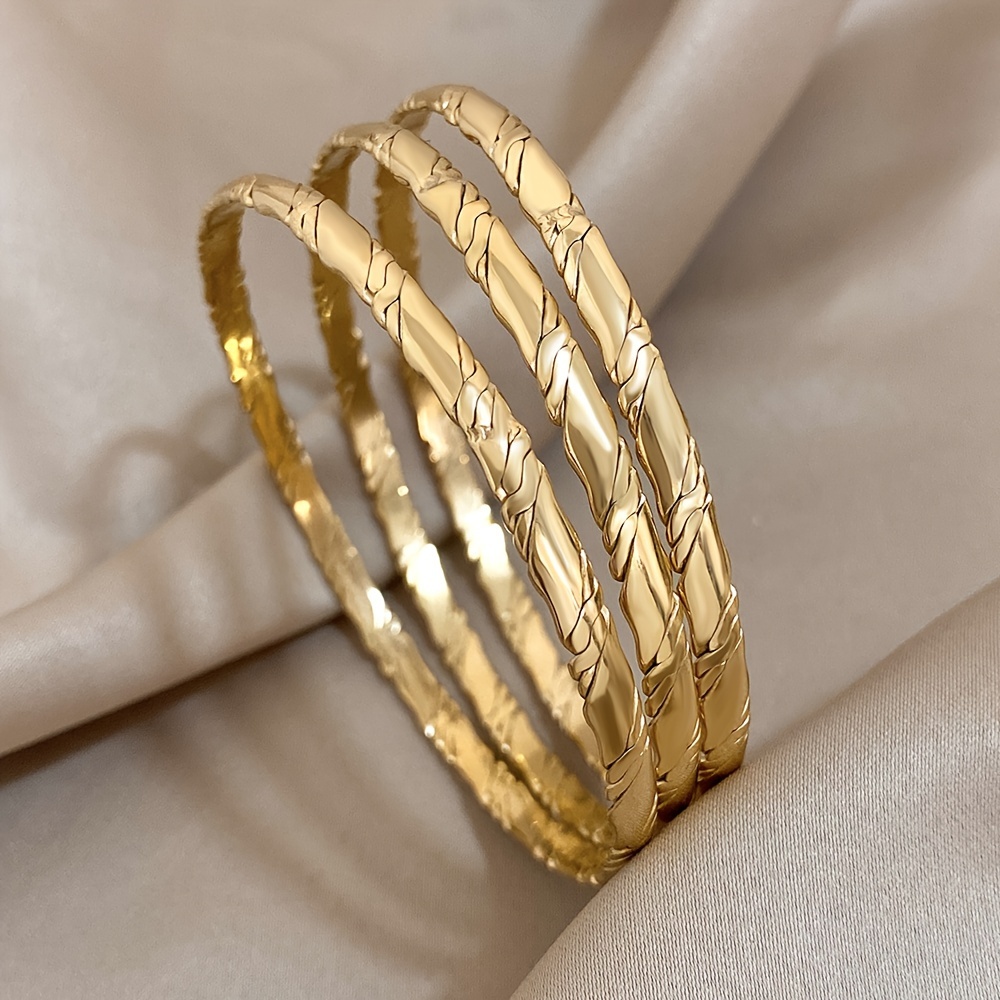 TEMU 3pcs Set Stainless Bangle Bracelets - Textured For , For Parties & Casual Attire