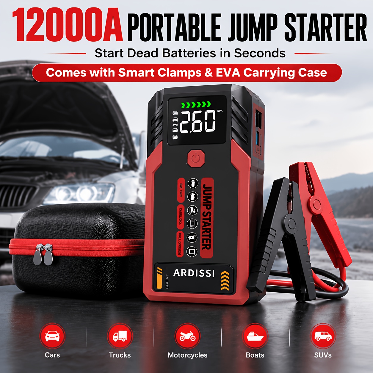 TEMU 18000a Portable Car Jump Starter, 12v Battery Jump Starter With Led Flashlight, Emergency Power Supply For Up To 10.0l Gas And 8.0l Engines,