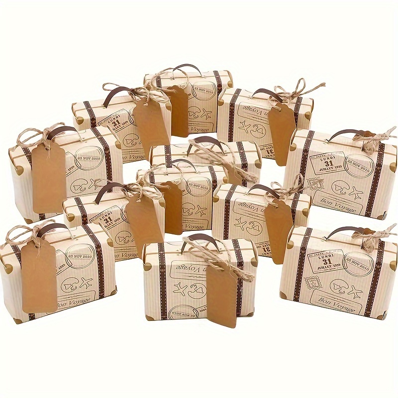 

50-pack Vintage Mini Suitcase Favor Boxes - World Map Travel Themed Party Candy Gift Boxes With Kraft Tags & Jute Twine For Bridal Shower, Wedding Decorations, Birthday & Anniversary Celebrations