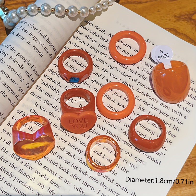 E-shop 8-teiliges beliebtes Damenmode Einzelring-Kombinationsset, orangefarbene Herz-Halo-Stacking-Ringe, Schmuck, Geschenk, geeignet für weibliche