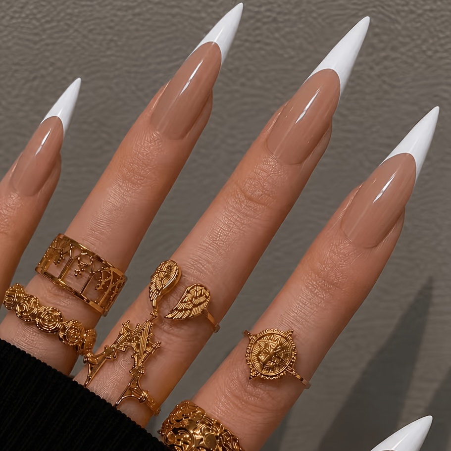 TEMU Ganzjahres-Style, lange, zulaufende weiße Nagelspitzen, geeignet für verschiedene Tanz- und Partyveranstaltungen, 24 Stück