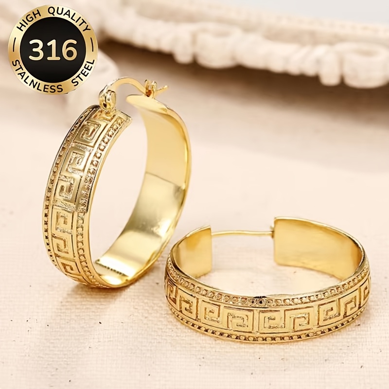 Image of High-quality Steel Vintage Greek Key Pattern Wide Hoop Earrings, Women's Casual Earrings Jewelry Gift
