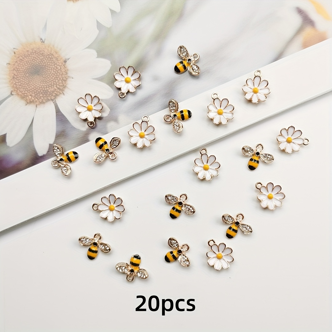 TEMU pièces de breloques scintillantes abeille marguerite - Pendentif bijoux DIY en alliage, design abeille émail noir et fleur à pétales, idéal pour