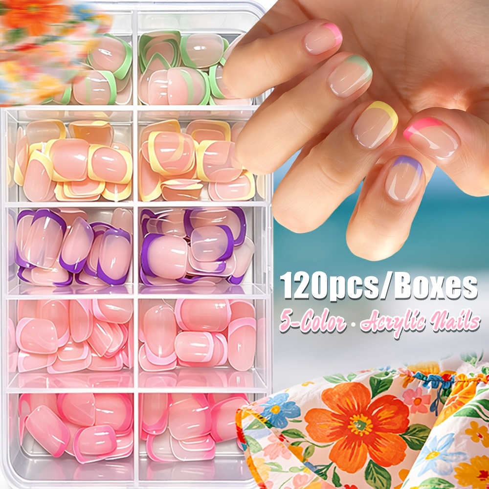 TEMU [Uñas Postizas a Presión Francesa] Tips de Uñas Acrílicas Macaron Cortas Redondas Cuadradas en Rosa///Verde/Magenta, Extensión de Uñas Postizas