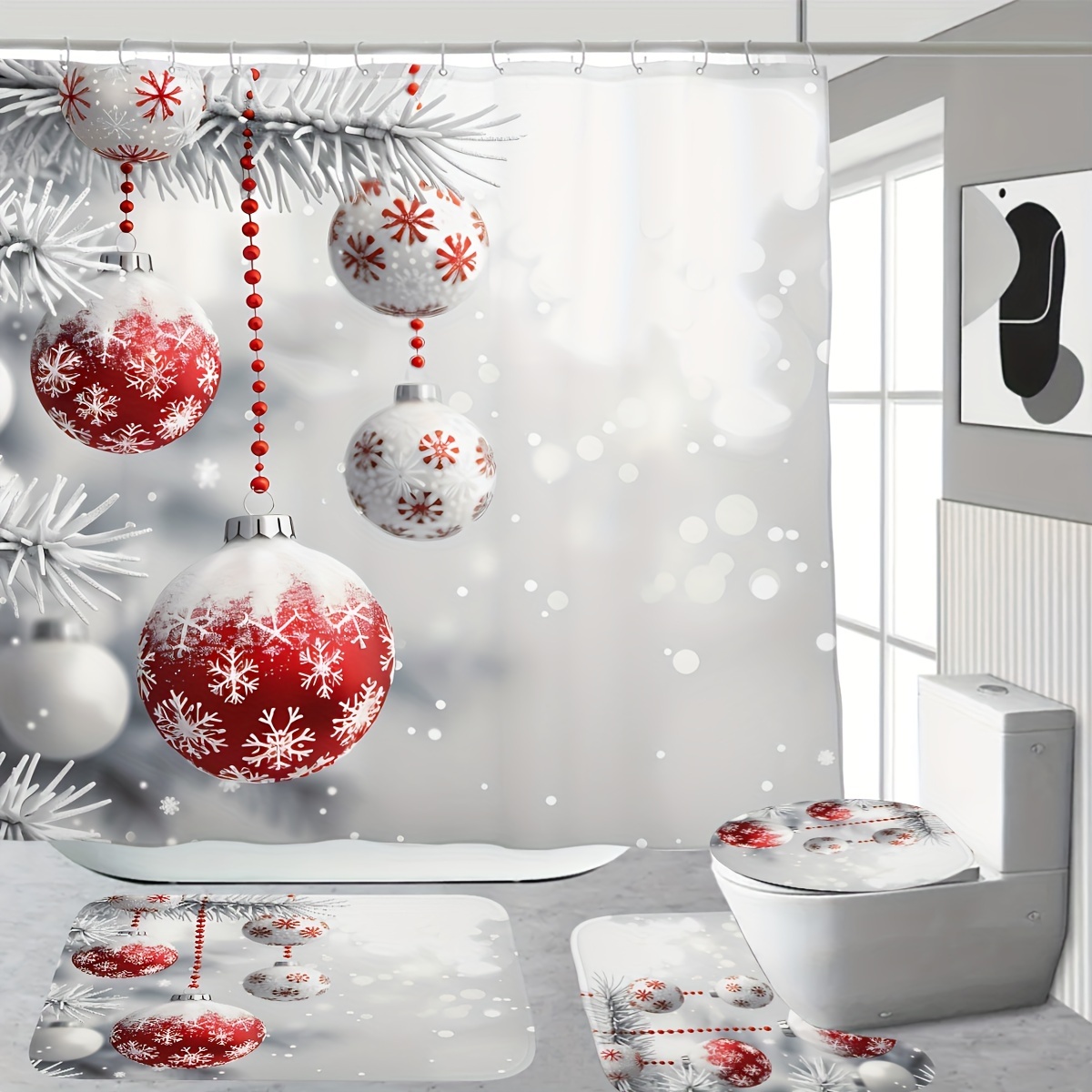 

Christmas Shower Curtain Set 12 Plastic : Includes Printed Curtain, , And Bath Mat And