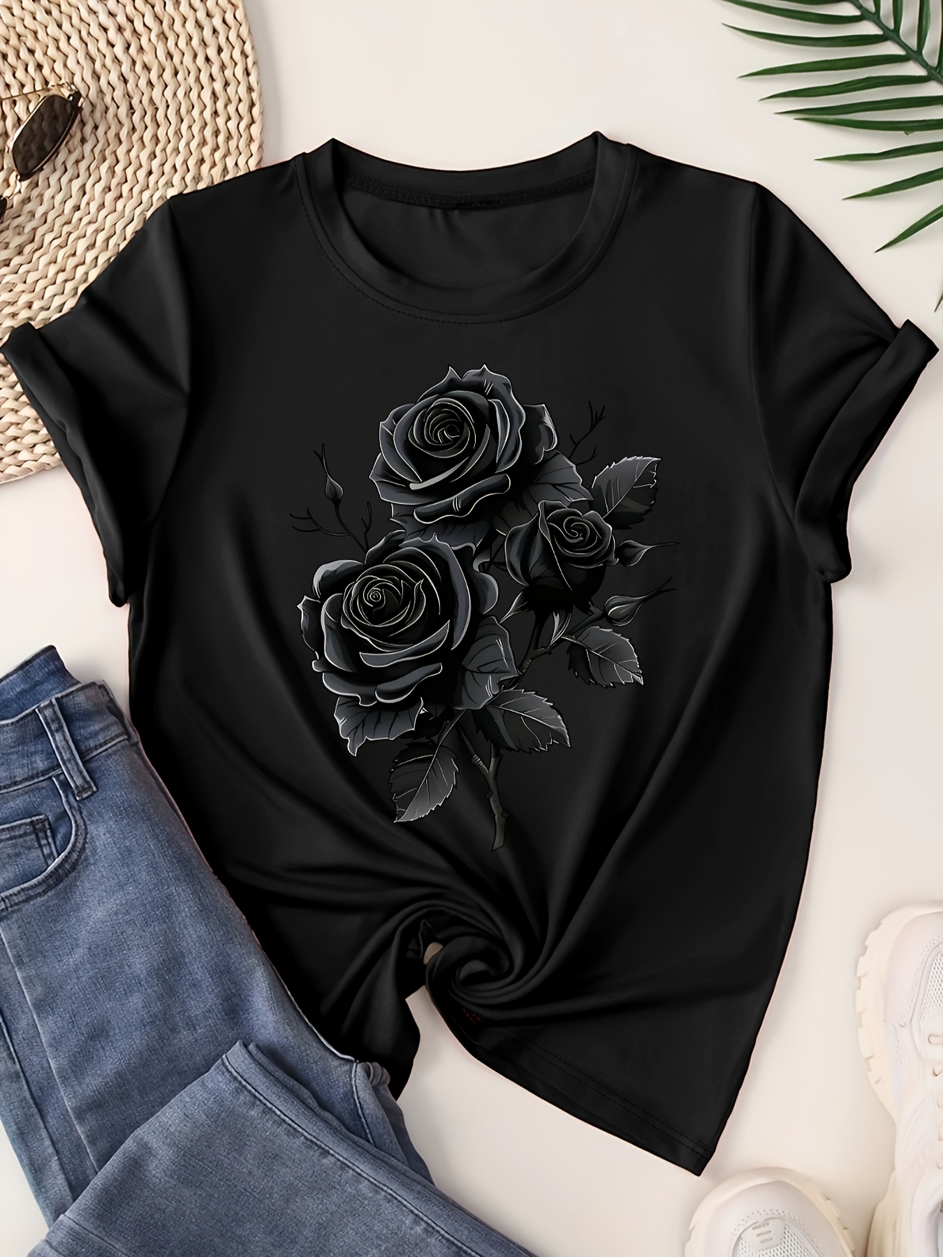 maglietta a maniche corte stampa rose nere donne Temu Switzerland