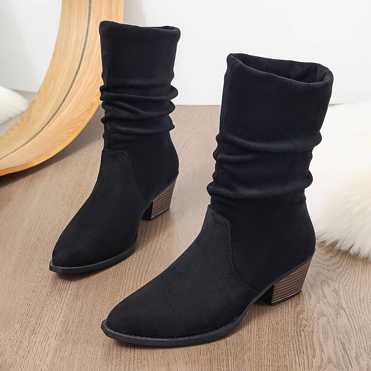 

Chic Women's Pointed-toe Mid-calf Boots With Chunky Heel - Comfortable Slip-on, Velvet For Winter Dresses