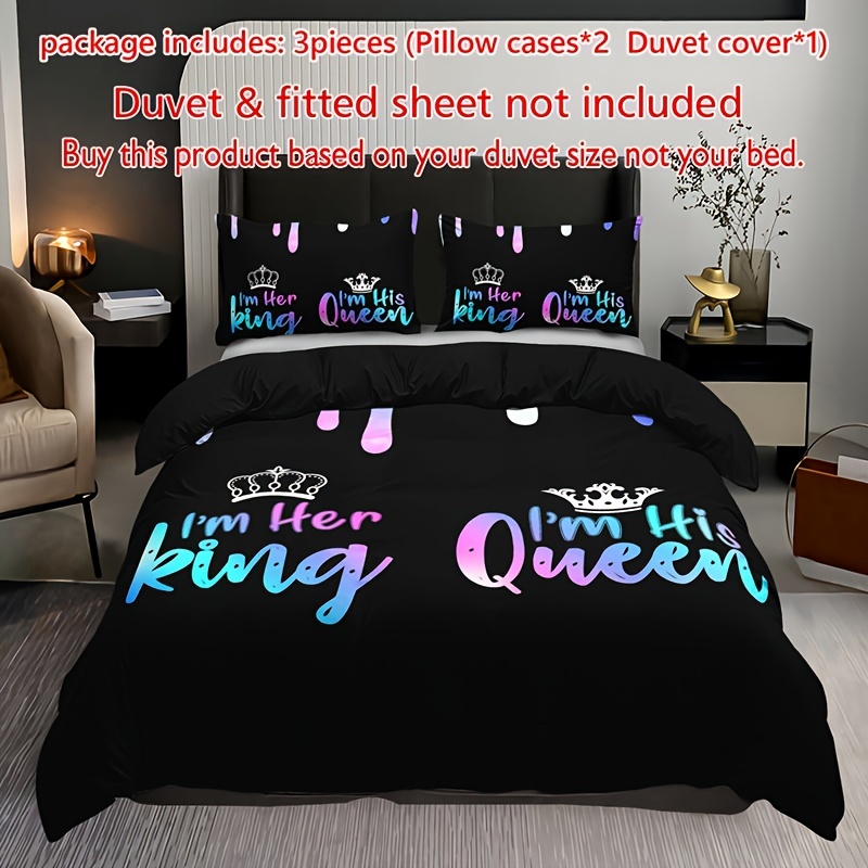 Image of 3pcs Crown Letter Duvet Cover Set (1 Duvet Cover + 2 Pillowcases, Excluding Pillow Inserts), High-definition Printing For Home And Dorm Use