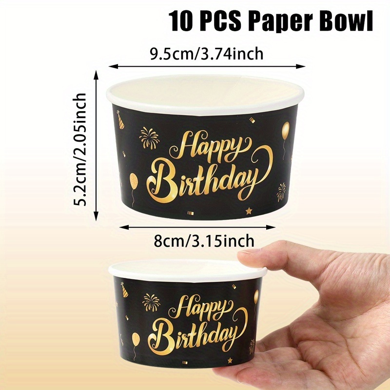 10pcs, Happy Birthday Paper Bowl, Black Golden Birthday Party Disposable Tableware Bowls, Adults Birthday Party Decoration, Anniversary Party Supplies, Dining Table Decor, Party Tableware