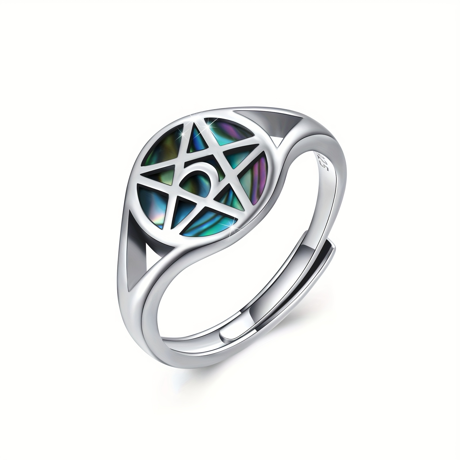Pentagram Ring 925 Silver Moon Abalone Wiccan Jewelry Gift