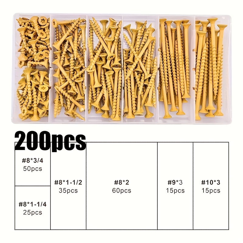 Image of 100/120/200pcs High-quality Wood Screws With Cutting Wings #8 #9 #10 120pcs #8-#10 Wood Screws Phillips Head Coarse Thread, With Drill Bit, Suitable For Woodworking And Furniture Assembly