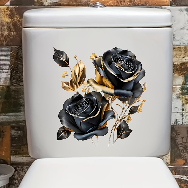 1pc Self-adhesive Black & Golden Toilet Lid Decal Suitable For Toilets - Elegant Self-stick Application, Square With Realistic & Flower, Bathroom Decor Upgrade