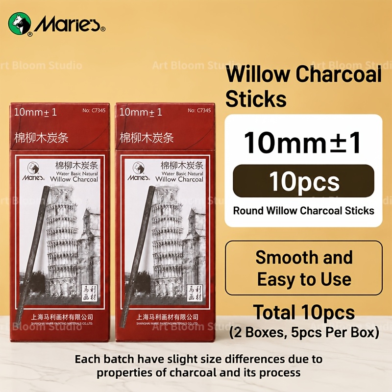 TEMU Marie's 10pcs Round Willow , Mixed 10mm Charcoal Drawing Set For Sketching, Blending, Art, Shading, Painting, And Portrait, Back To School &