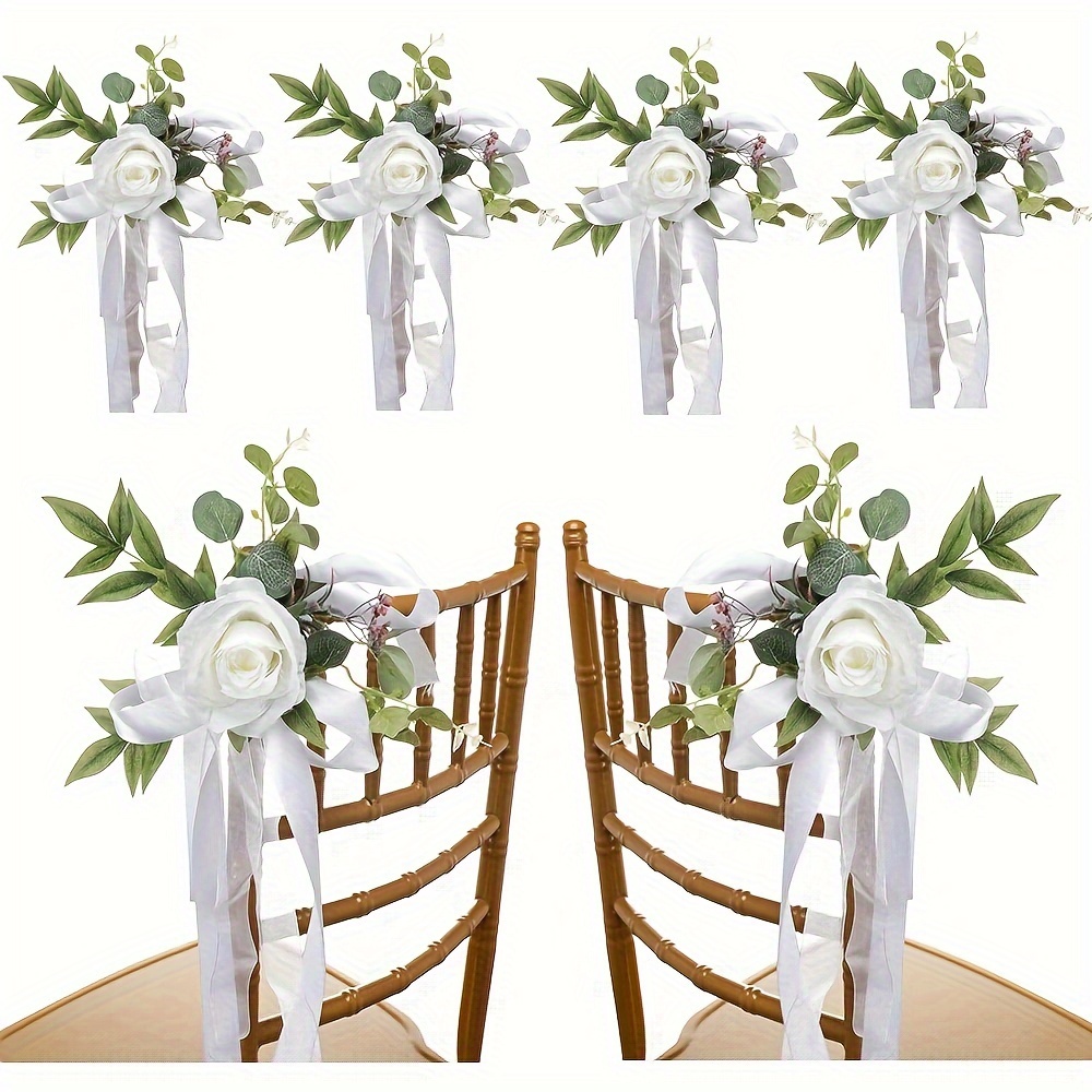 

6pcs Wedding Aisle Chair Decorations Floral Back Flowers With Leaves And Ribbons Church Bench Pew For Ceremony Decor