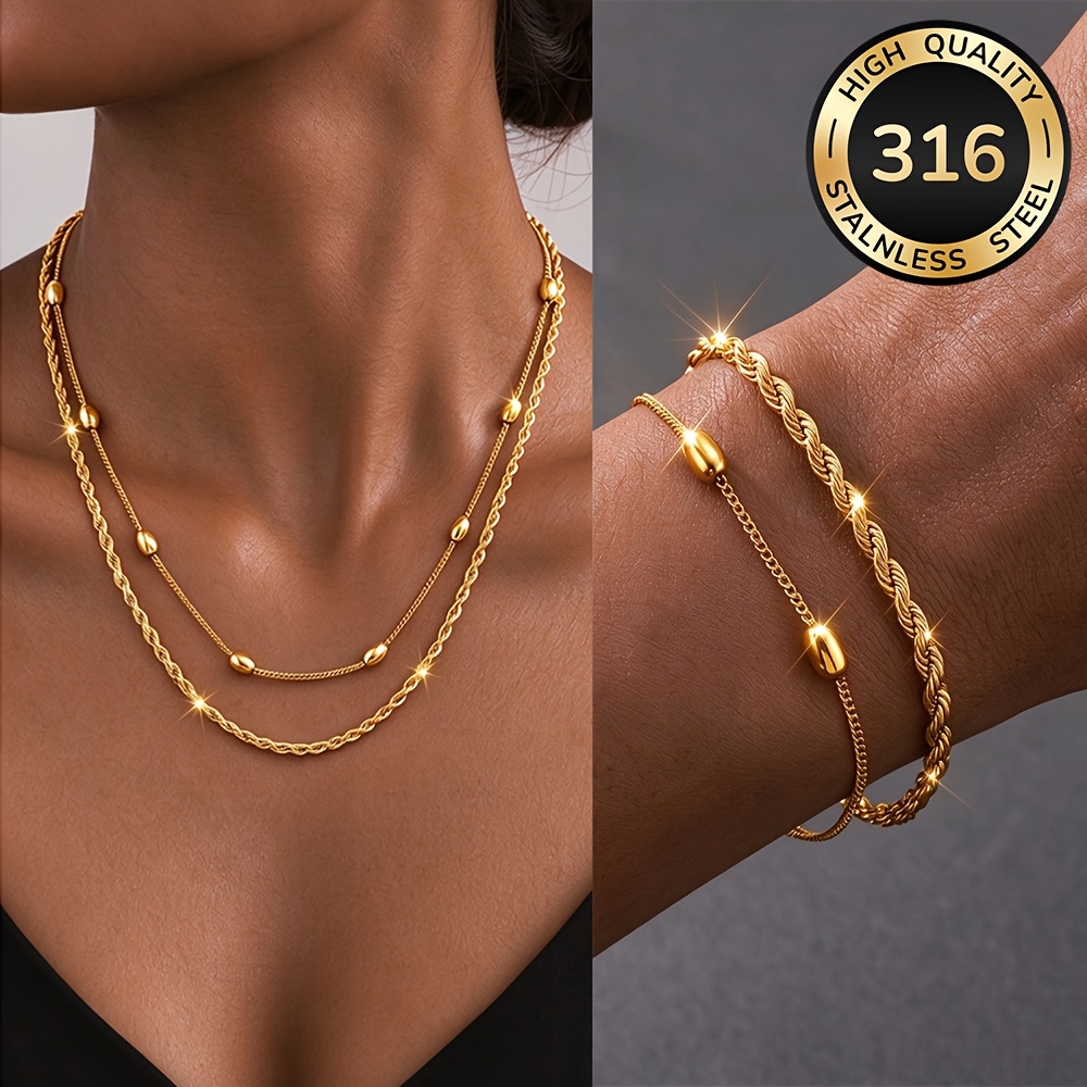 TEMU 4-teiliges Set aus hochwertigem Edelstahl 316, elegantes exquisites Halsketten- Armband-Set. Vielseitiger Schmuck für alle Jahreszeiten, ein