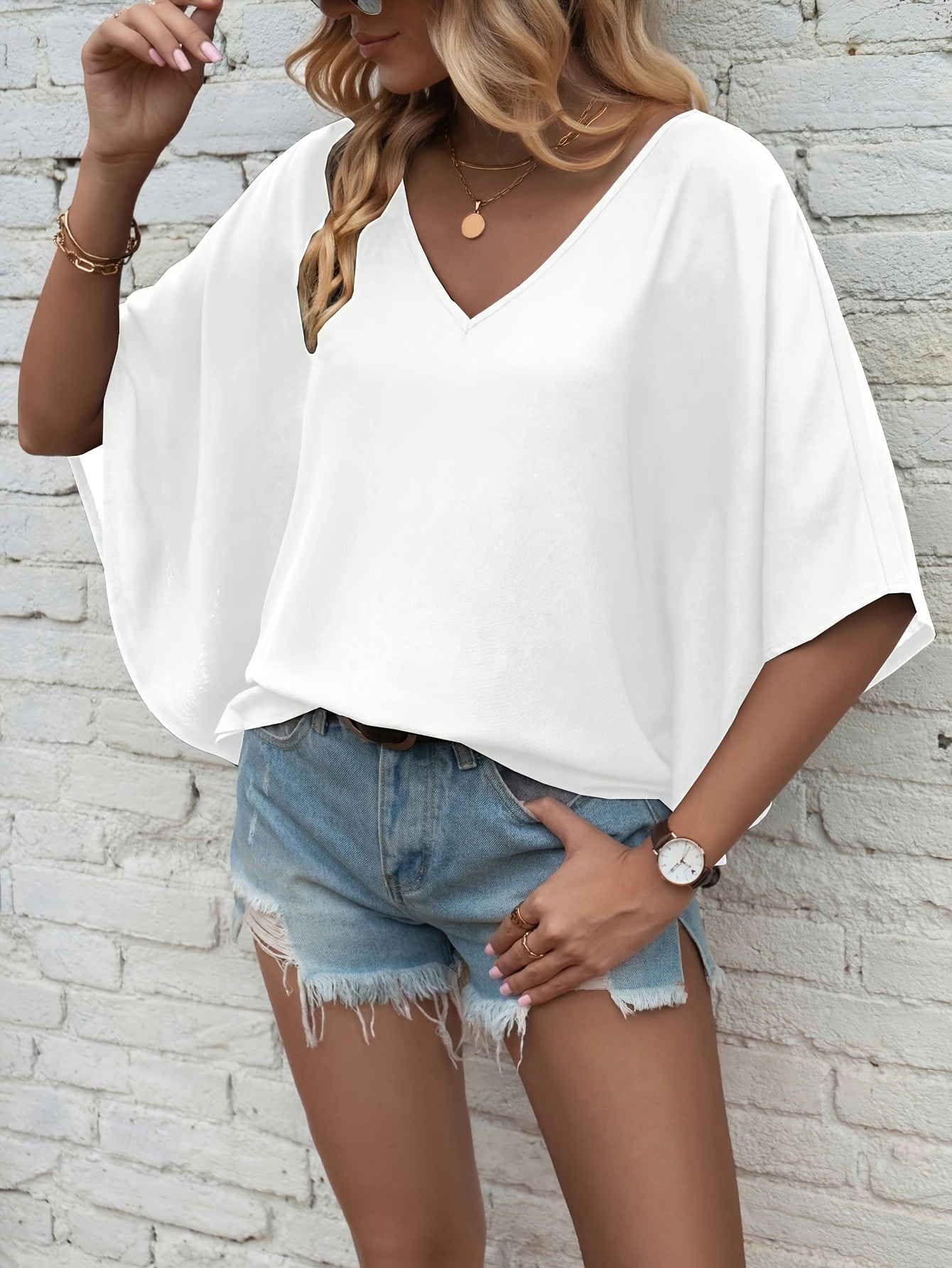 womens casual v neck blouse with batwing sleeves loose fit solid color summer shirt in solid colors lightweight polyester fabric for casual attire summer blouse relaxed   stylish statemen white 0