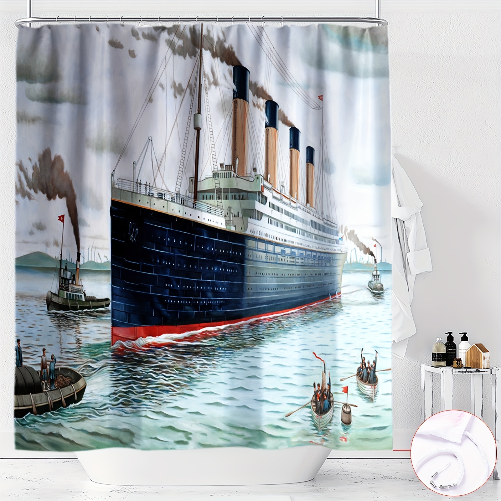 

Nautical Themed Shower Curtain With Digital Print Ocean Liner Design, Ywjhui Water-resistant Polyester Bathroom Decor With Hooks, All-season Knit Weave, Machine Washable, Partially Lined - 1pc