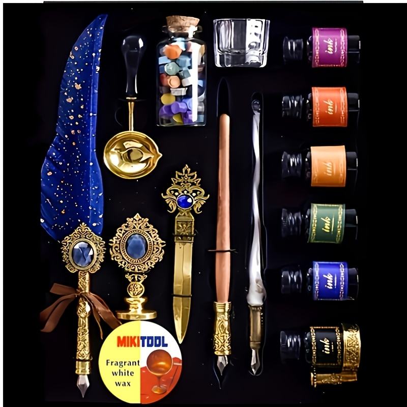 TEMU Vintage Pen Set, Calligraphy Painting Pen Letter Opener Feather Pen Set Seal Wax Set, Fine Durable Ink Reusable Pen, Writing Instrument For