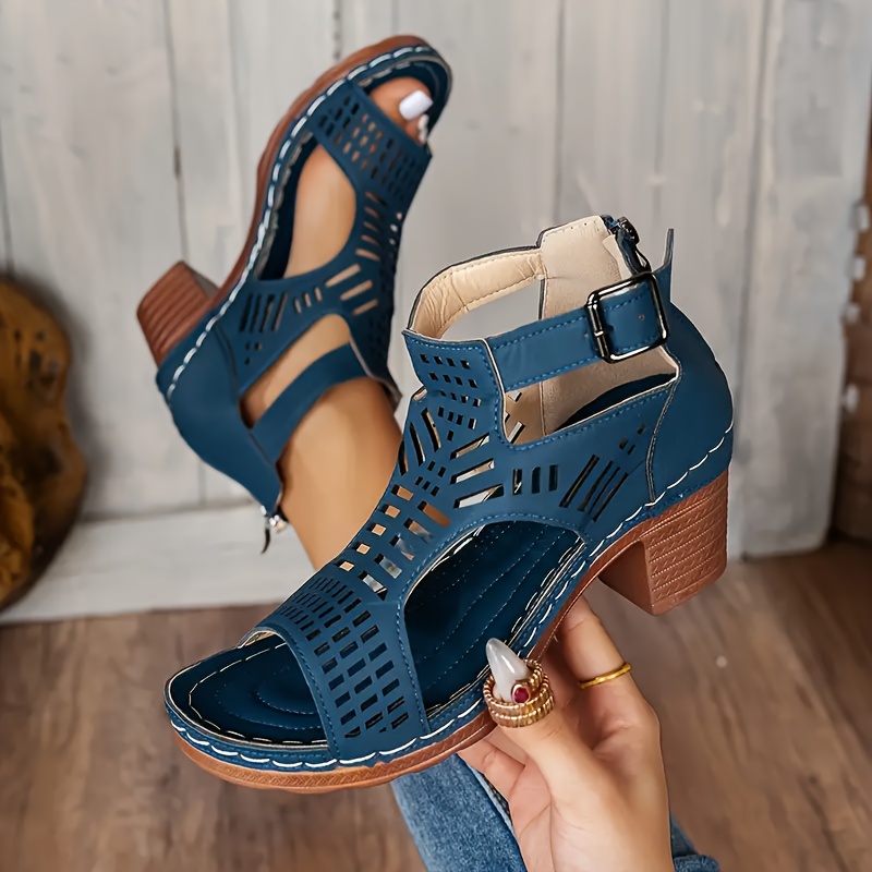 TEMU Women's Trendy Block Heel High Platform Simple Openwork Retro Fashion Outdoor Flat Sandals