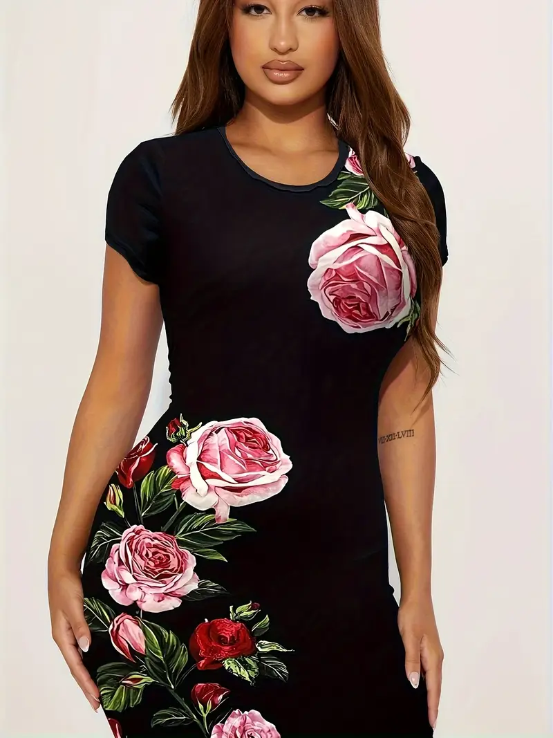 Rose Floral Print Bodycon Dress, Casual *-fit Dress Rose Floral Print Bodycon Dress, Casual *-fit Dress