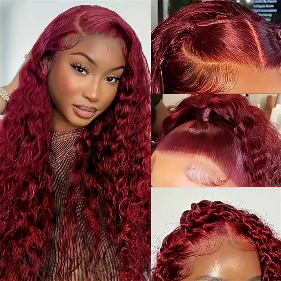 13x6 burgundy deep wave lace front human hair wig hd - Temu display picture 1