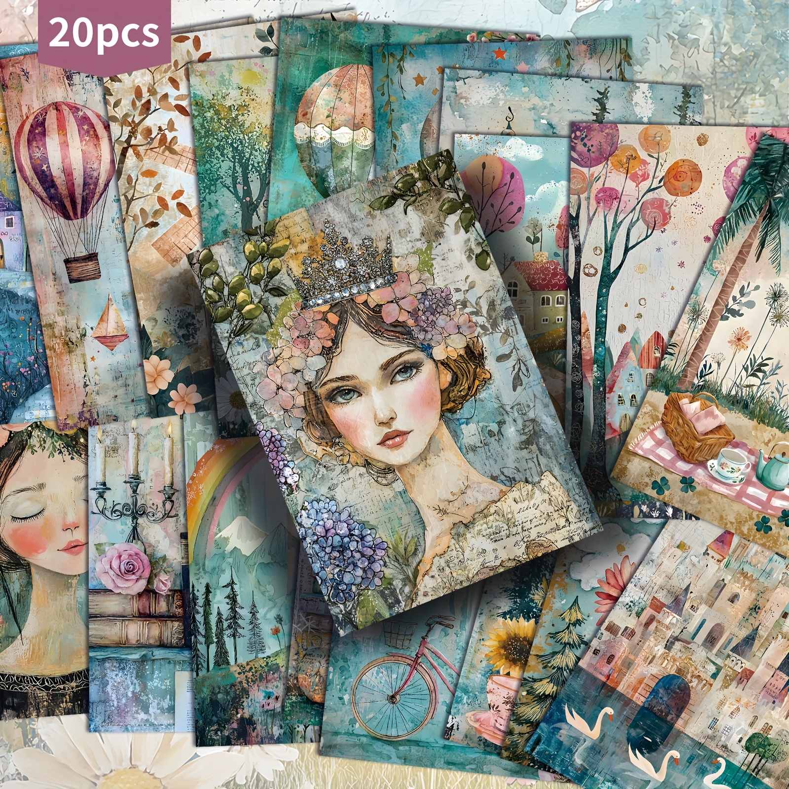 TEMU 20-pack Asstss Vintage Floral Fairy Tale Postcards - 4x6 Inch Pastel Papers With Hot Air Balloons, Castles, Women - For Junk Journals, Birthday,