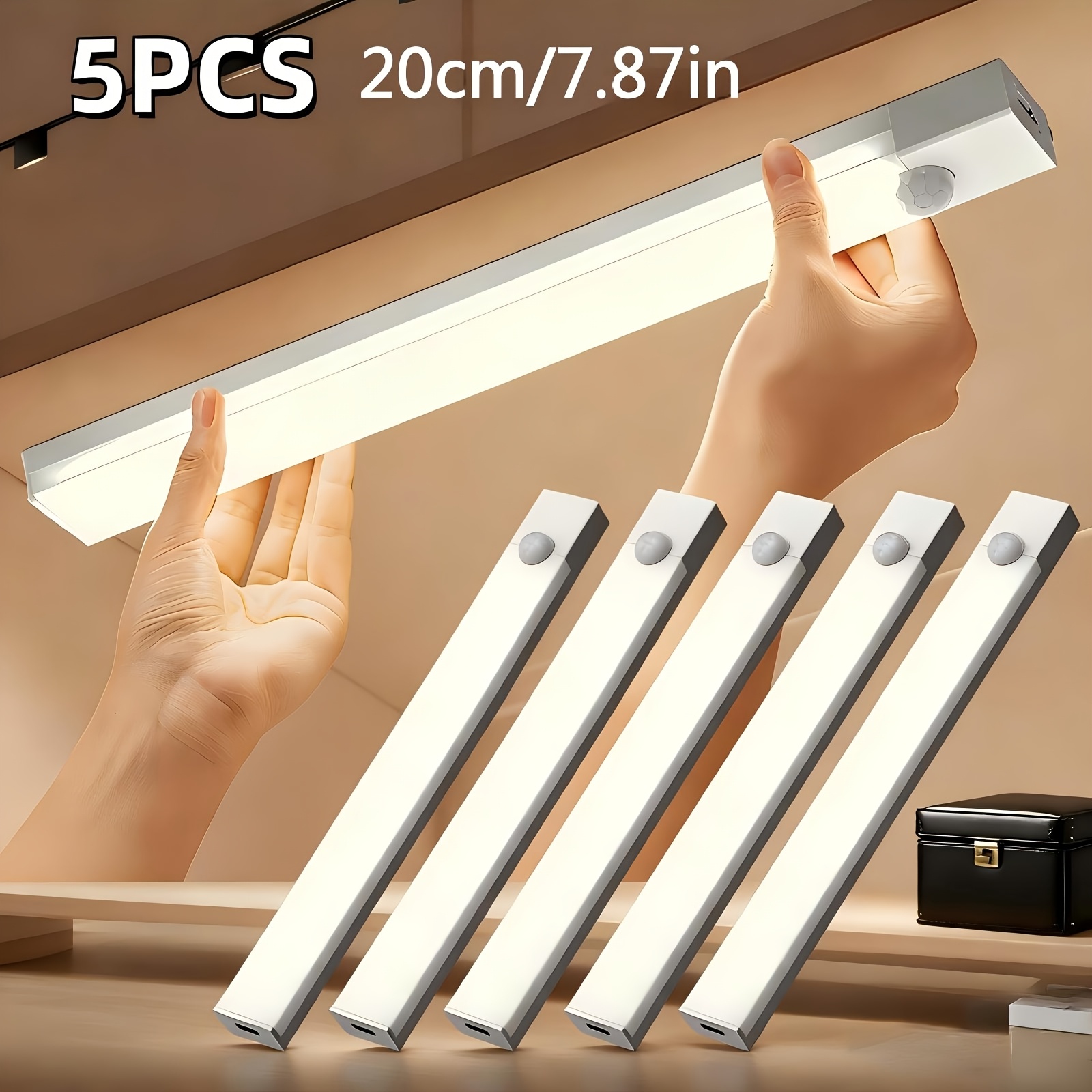 TEMU 5pcs Smart Led Motion Sensor Lights, Usb Rechargeable Magnetic Night Lights, 7.87-inch Adjustable, With Detachable Cabinet Lights, Suitable For