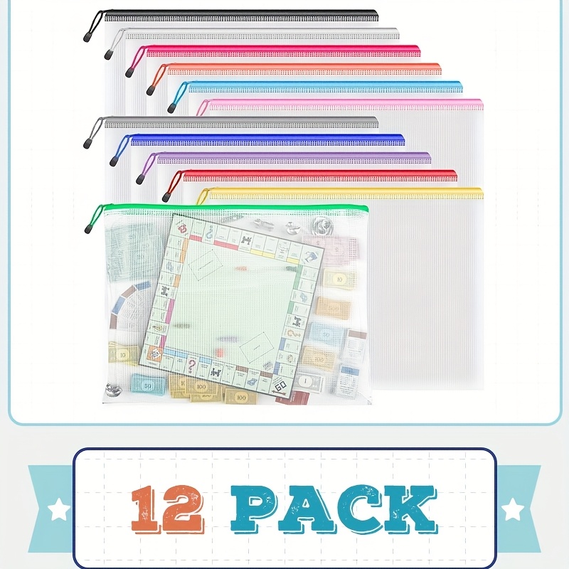 TEMU Mesh Zipper Pouch, 13.5 X9.5in (12 Colors, 12pcs), Extra Large Zipper Bags, Waterproof Zipper Pouches For Office Supplies, Puzzles, Board Game