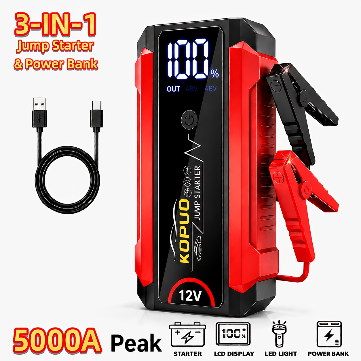 Image of Kopuo 5000a Portable 12v Car Battery Starter With Digital Display, Dual Usb Charging, Three-mode Led Light For Most 8.5l Gasoline And 7l Engines - A Compact, Reliable And Versatile Emergency