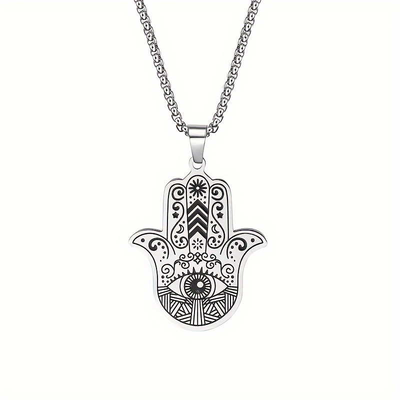 Image of Fashionable Retro Classic Palm-shaped Silvery Evil Eye Fatima Pendant Necklace Amulet Jewelry Accessory For Men And Women Gifts