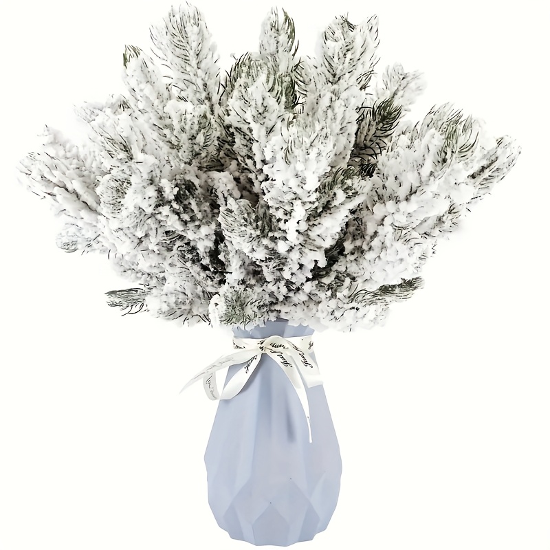 Image of 15pcs Snow Artificial Pine Needles, Branches, Artificial Frost Pine, Green Stems, Christmas Pine, Winter Fir Pine Spray