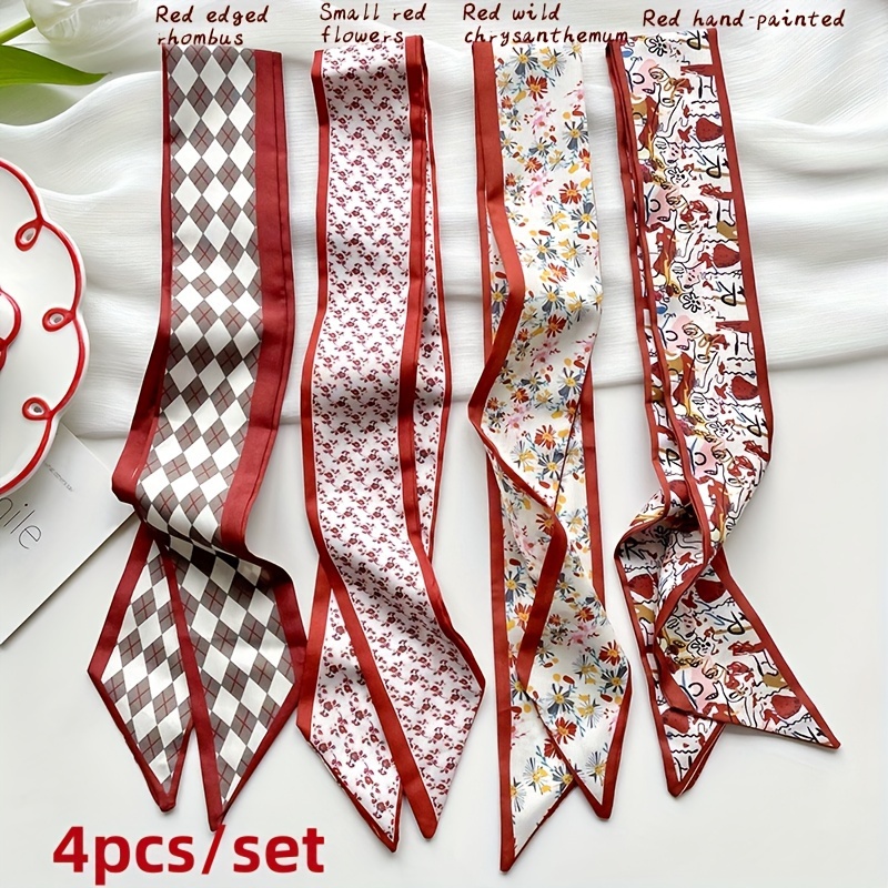 

4pcs Elegant Ribbon Hair Ties, Floral & Printed Long Bands, Vintage Style Neck Scarf Accessories For Women