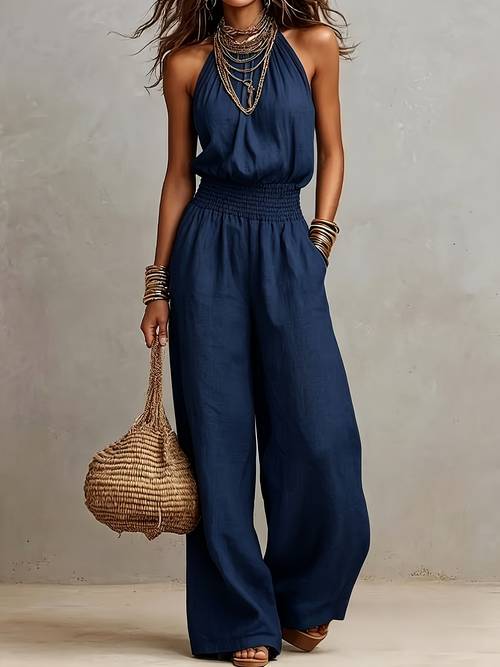 retro eleganter rückenfreier elastischer band lässiger damen jumpsuit