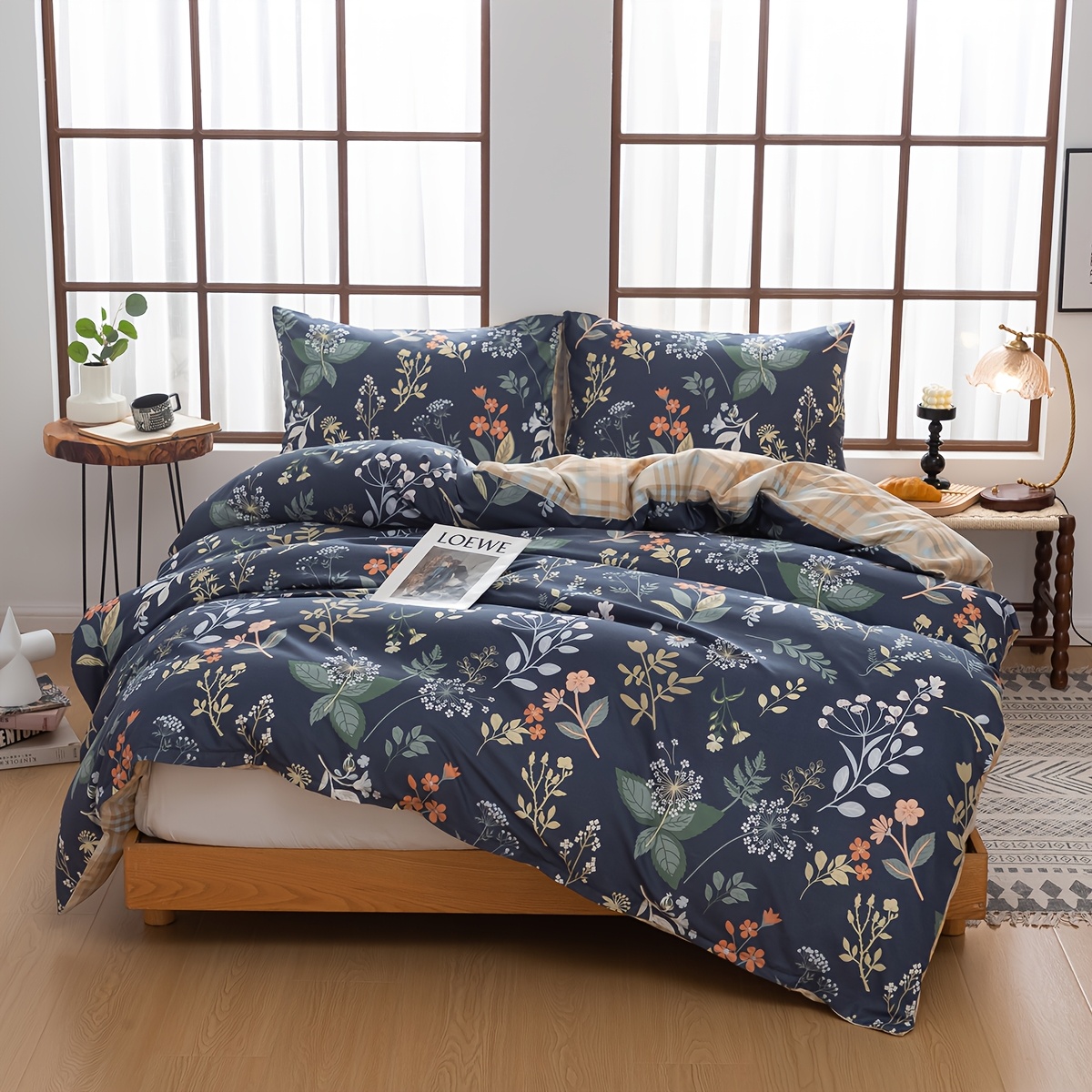 TEMU 3pcs Home Bedroom Plant Floral Pattern Duvet Cover Set, Including 1pc Duvet Cover And 2pcs Pillowcases Without Core, Zipper Closure, Machine